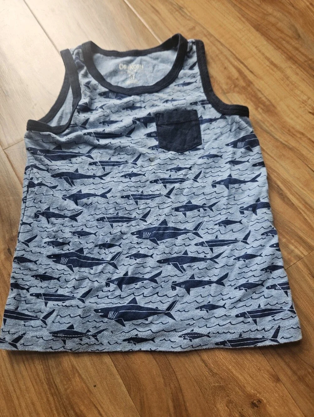 OshKosh B'gosh Light Blue Tank Top with Navy Shark Print 3t